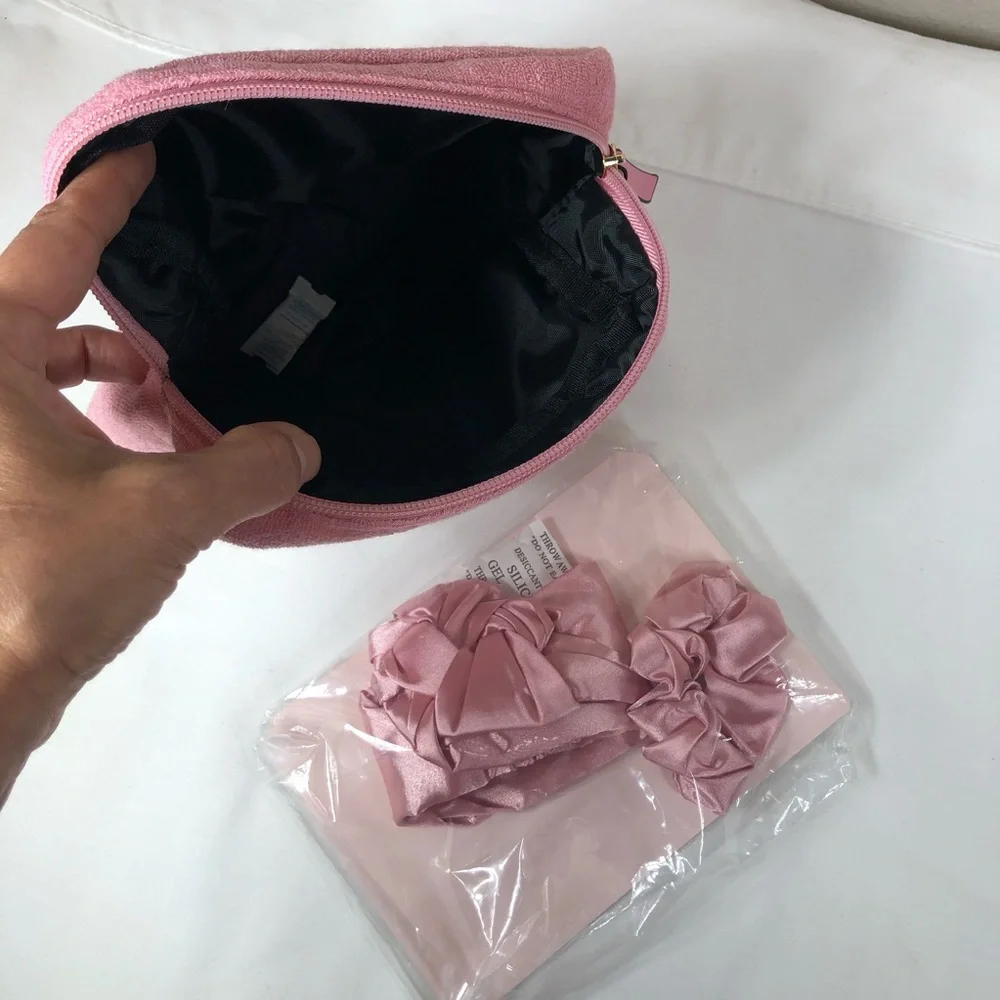 Victoria's Secret Terry Monogram Pink Cosmetic Make-up Bag Headband & Scrunchie